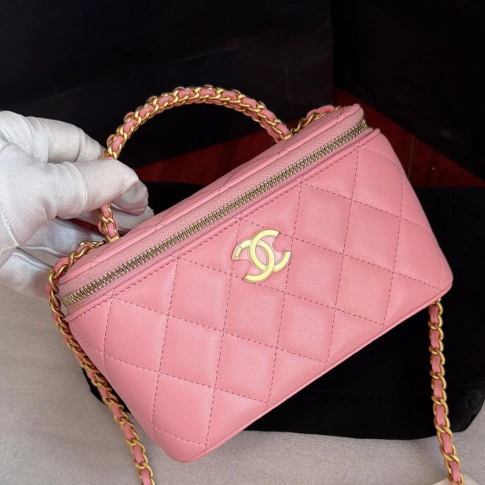 Chanel Vanity Case Diamond Chain Crossbody Top Handle Bag Pink Gold Women