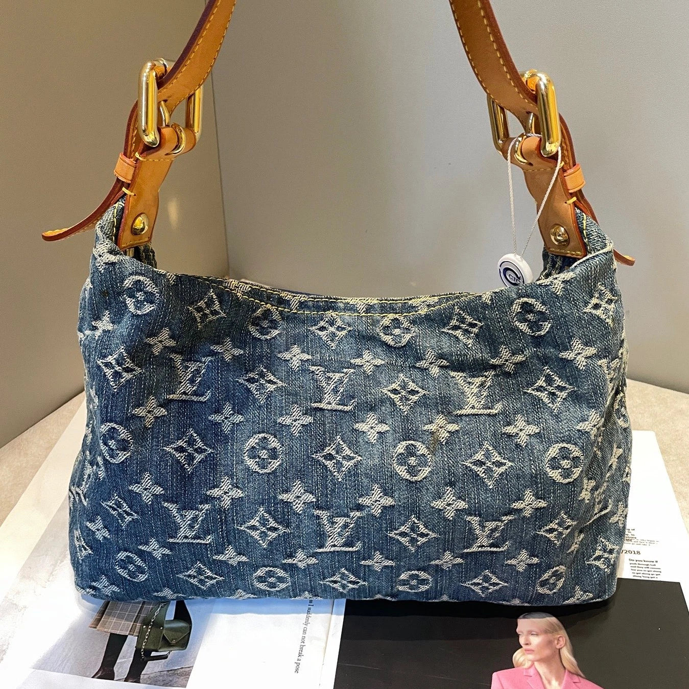Louis Vuitton Baggy Denim Shoulder Bag Blue Gold Used Women Monogram Vintage