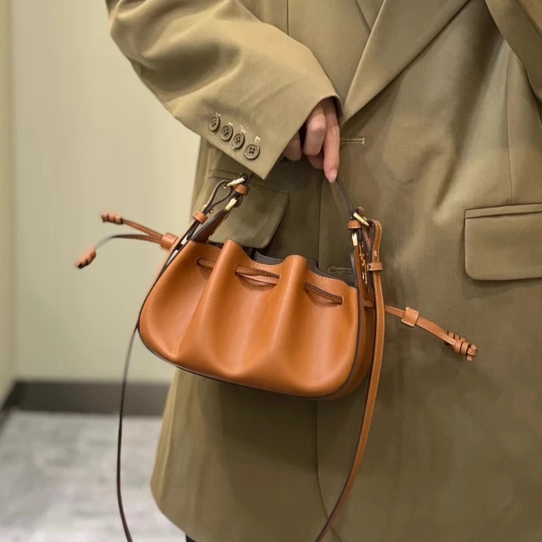 Excellent Fendi Pomodorino Bucket Top Handle Crossbody Bag Brown Gold Hardware