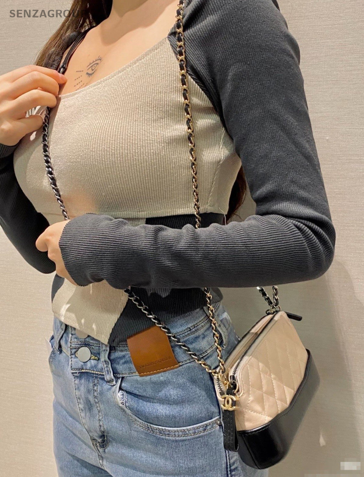 Chanel Gabrielle Mini Chain Shoulder Bag Crossbody Beige Black Women Classic