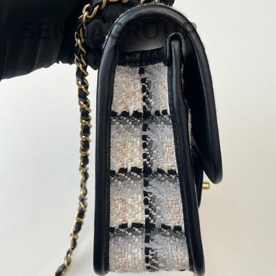 Chanel Tweed Messenger Chain Shoulder Crossbody Bag Black White Gold