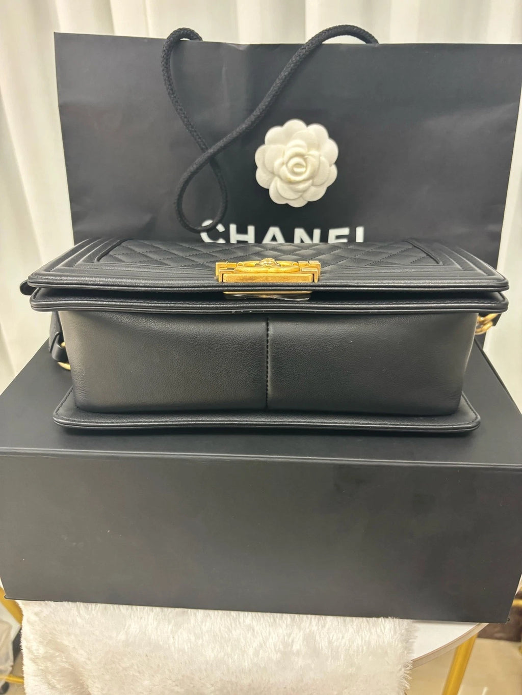 CHANEL Leboy Medium Black Gold Calfskin Shoulder Bag For Women