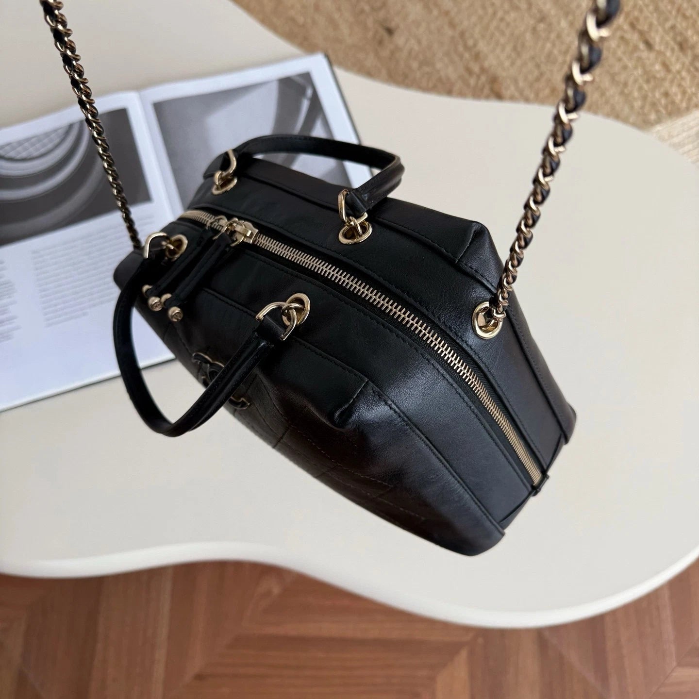 Chanel Bowling Calfskin Top Handle Chain Crossbody Black Gold Classic Women