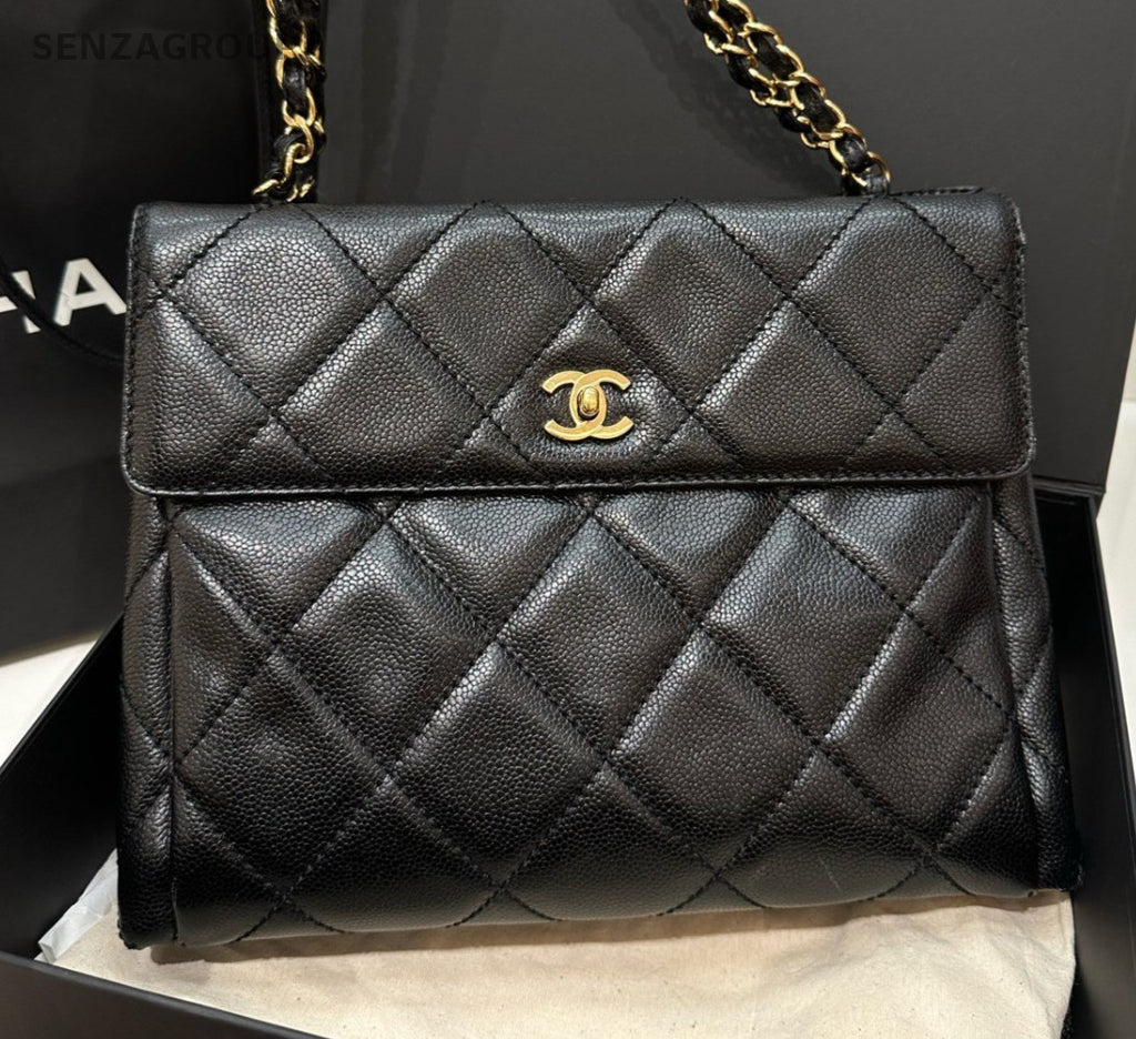 Chanel Satchel Chain Diamond Shoulder Bag Black Gold Women Classic Fashion