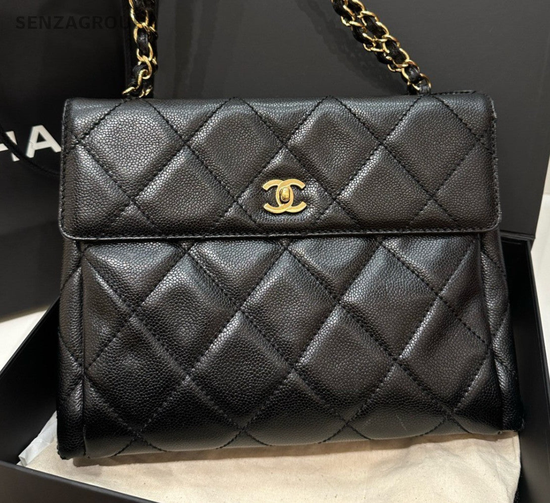 Chanel Satchel Chain Diamond Shoulder Bag Black Gold Women Classic Fashion