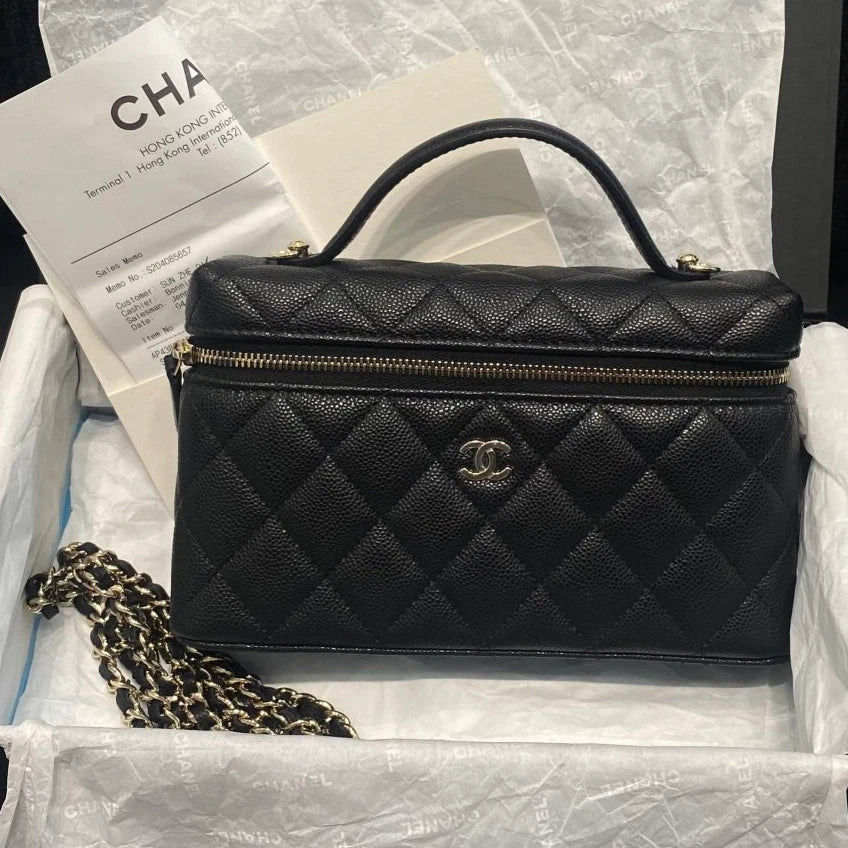 Chanel Vanity Case Chain Calfskin Top Handle Shoulder Bag Black Gold Women D