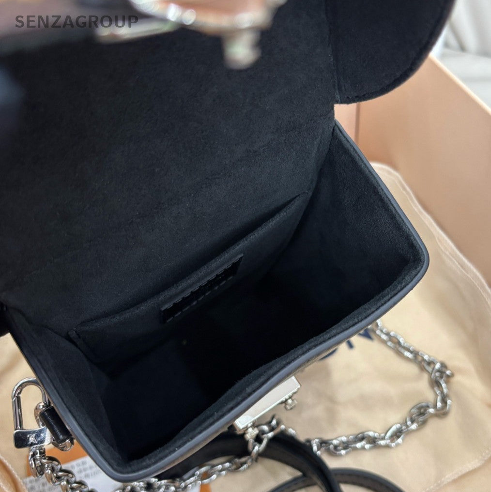 Louis Vuitton Monogram Camera Box Chain Shoulder Bag Black Brown Silver Women