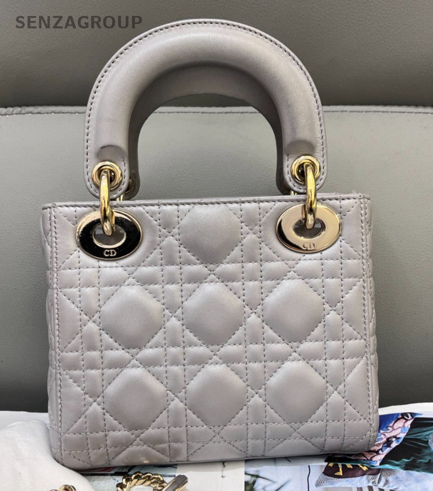 Christian Dior Lady Top Handle 2way Shoulder Handbag Gray Gold Women