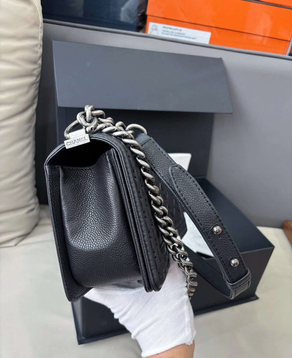 Chanel Le Boy Medium Edition Crossbody Shoulder Bag Black Silver Women Classic