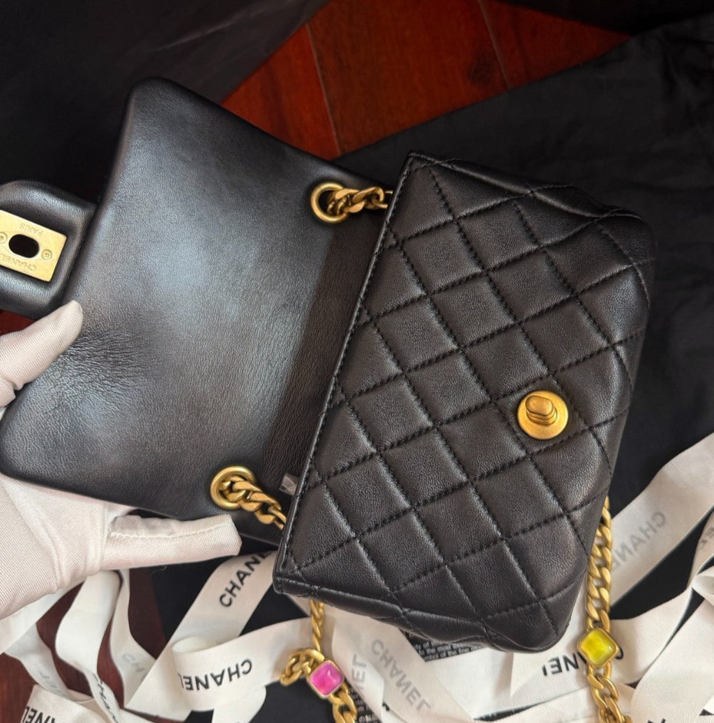 Chanel Classic Flap Colorful Chain Shoulder Bag Crossbody Black Gold Women