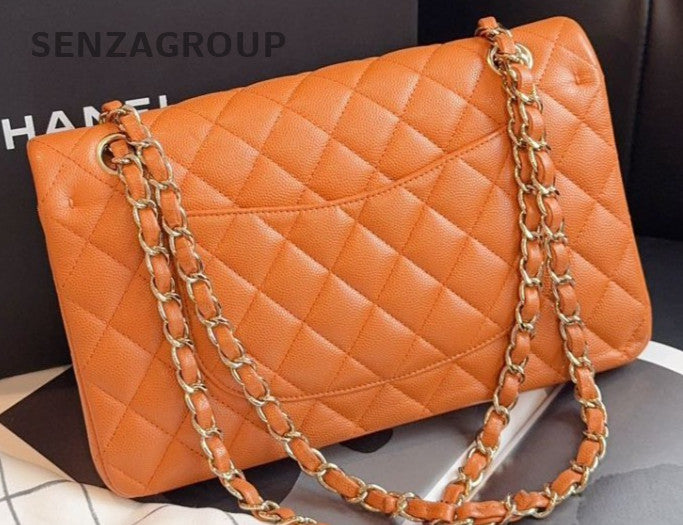 Chanel Classic Flap MM Diamond Chain Shoulder Bag Brown Gold Women Designer