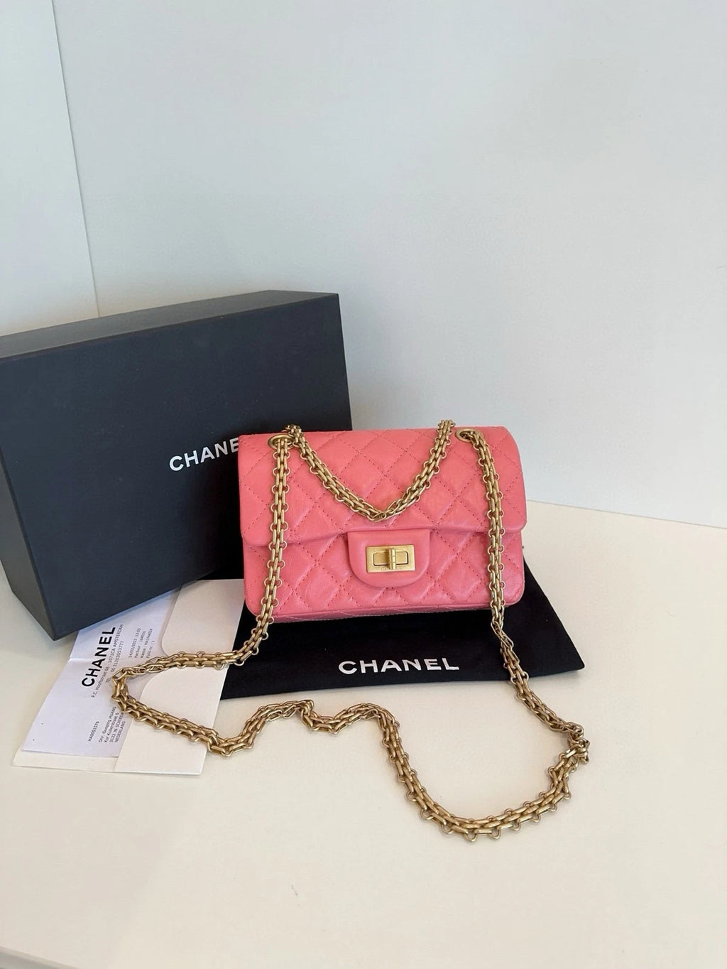 Chanel 2.55 Large Mini Peach Pink Gold Leather Crossbody Women