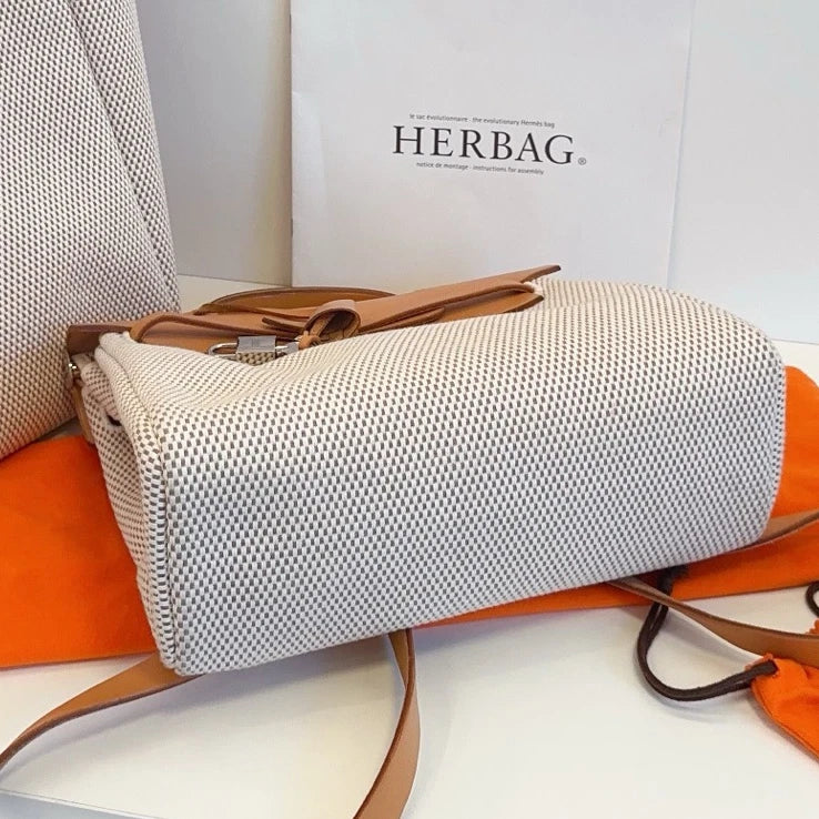 Hermes Herbag31 Backpack Canvas Ivory Brown Silver Hardware Women Classic
