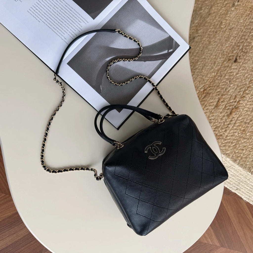 Chanel Bowling Calfskin Top Handle Chain Crossbody Black Gold Classic Women