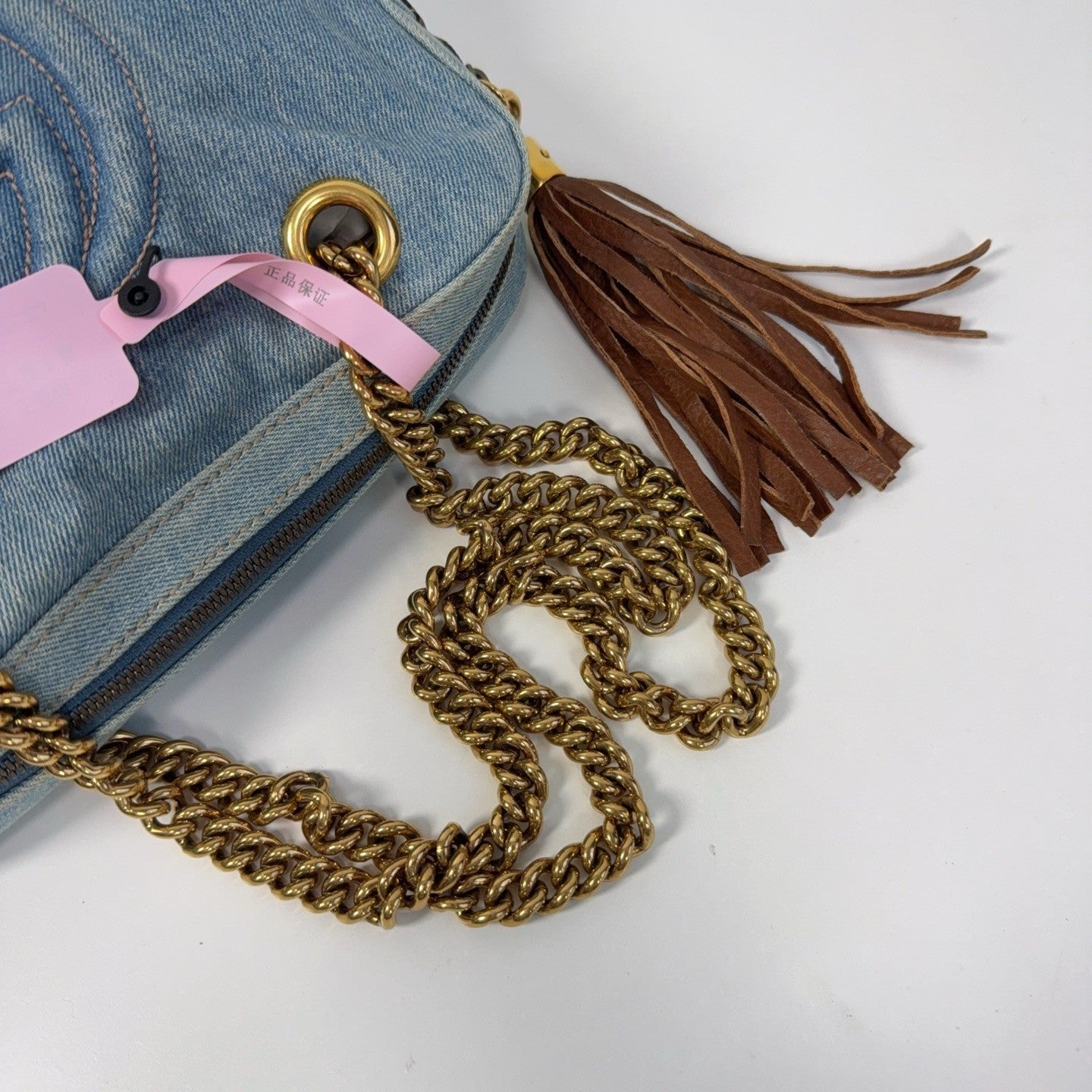 Gucci Soho Tote Denim Chain Handbag Shoulder Bag Blue Gold Women Classic