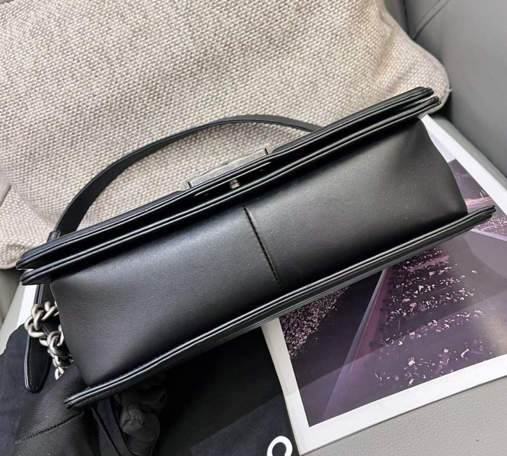 Chanel Leboy MM Calfskin Chain Shoulder Bag Crossbody Black Silver Women Classic