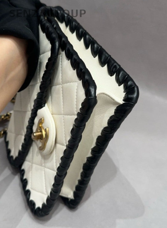 Chanel Chain 2Way Shoulder Bag Crossbody Black White Gold Women Classic Vintage