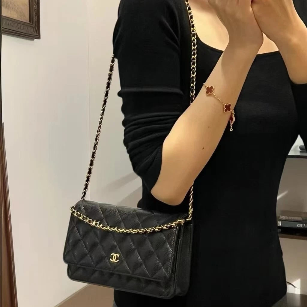 Chanel Calfskin WOC Chain Shoulder Bag Crossbody Women Black Gold Diamond