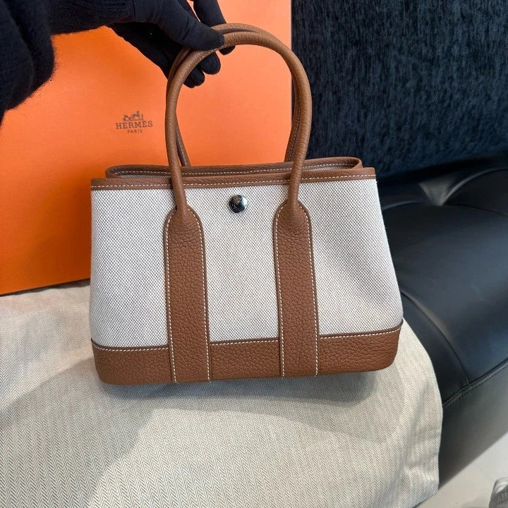 Hermes Garden Party Canvas Mini Top Handle Bag Brown Silver Women Classic D