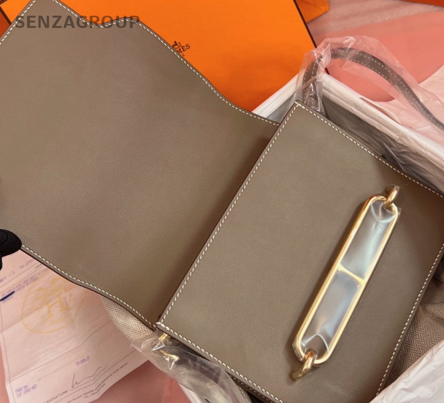 Hermes Roulis Mini Shoulder Bag Crossbody Gray Gold Women Classic Designer
