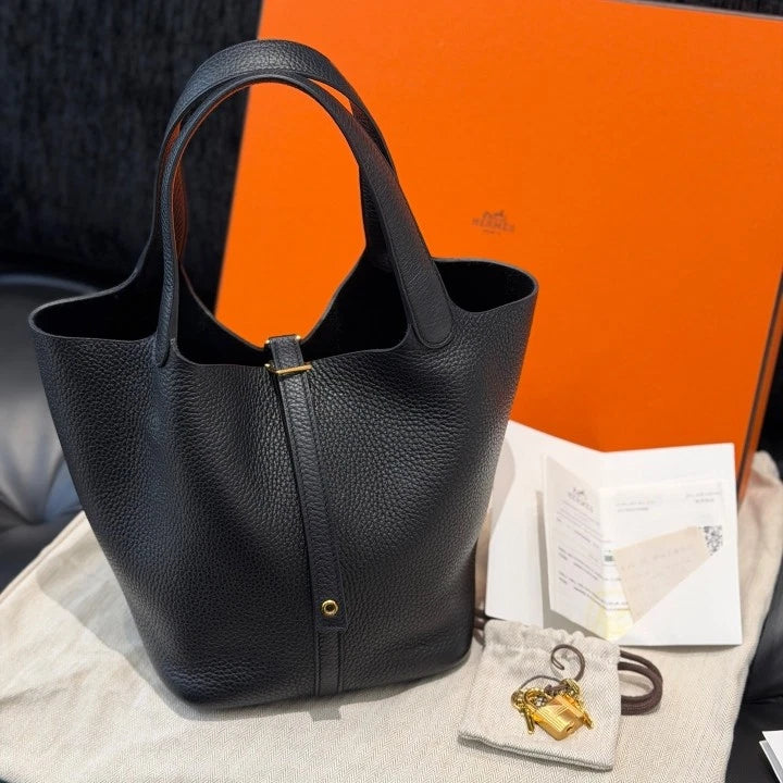 Hermes Picotin22 Togo Leather Top Handle Bag Black Gold Women Classic Fashion D