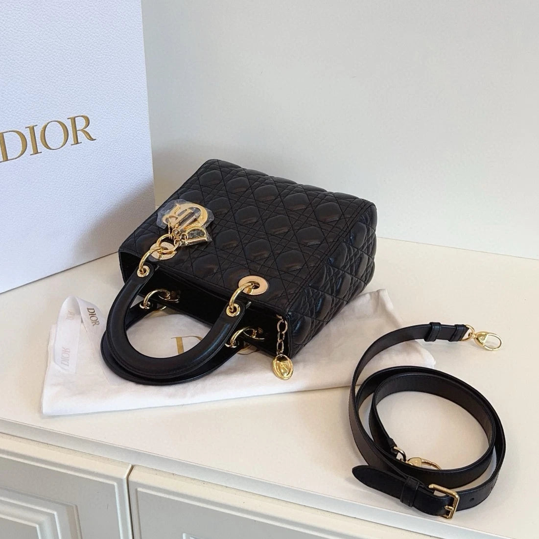 Dior Lady Dior Lambskin Crossbody Top Handle Excellent