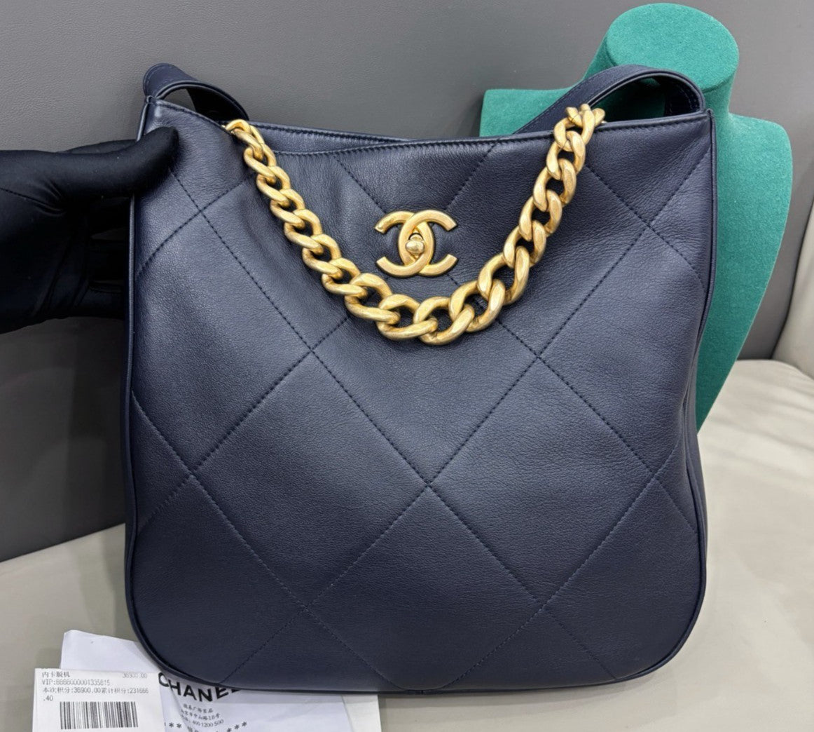 Chanel Calfskin Hobo Chain Shoulder Bag Crossbody Blue Gold Women Classic