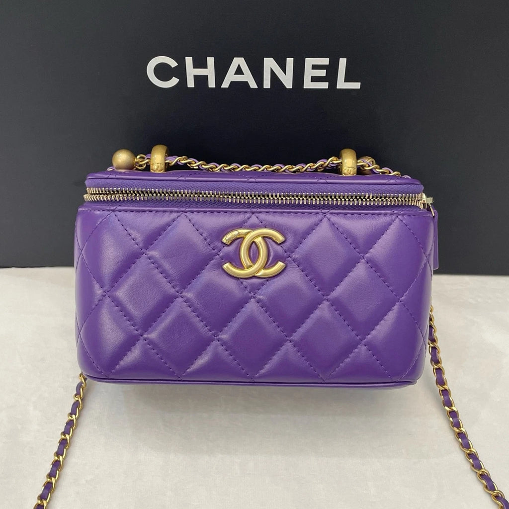 Chip Version Chanel Long Box Diamond Gold Ball Chain Purple Crossbody