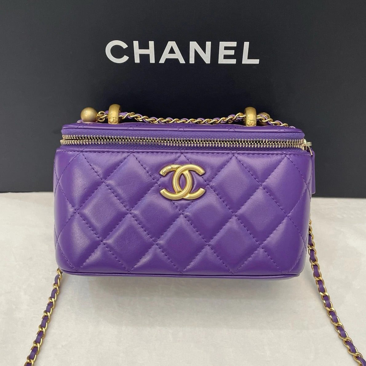 Chip Version Chanel Long Box Diamond Gold Ball Chain Purple Crossbody