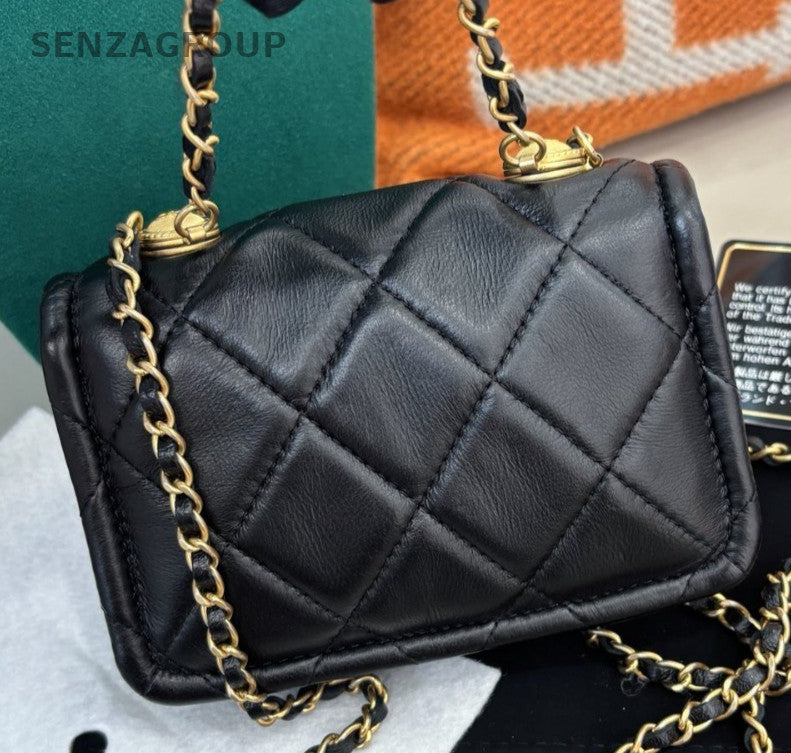 Chanel Diamond Mini Chain Shoulder Bag Crossbody Black Gold Women Classic
