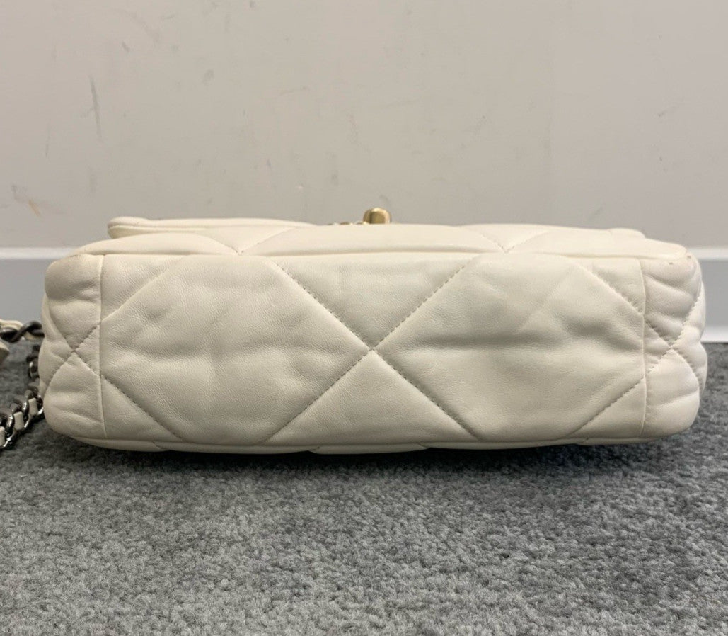 Chanel 19Bag PM Chain Top Handle Shoulder Crossbody White Gold Women Classic