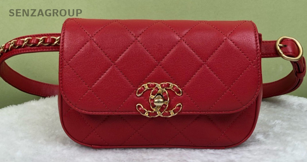 Chanel 19B 2Way Chain Shoulder Bag Crossbody Red Gold Used Women Classic