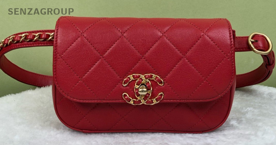 Chanel 19B 2Way Chain Shoulder Bag Crossbody Red Gold Used Women Classic