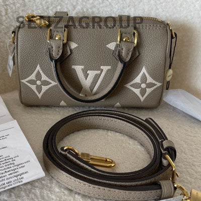 Louis Vuitton Speedy Nano Leather Handbag Shoulder Bag Grey Gold