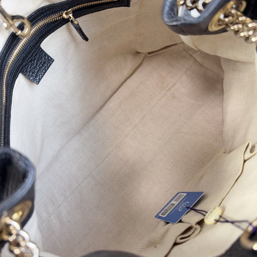 Gucci Tote Tassel Chain Calfskin Shoulder Bag Black Gold Women Classic