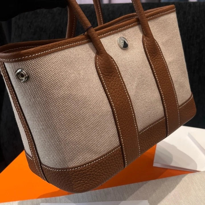 Hermes Garden Party Mini Canvas Tote Top Handle Bag Brown Silver Women Classic D