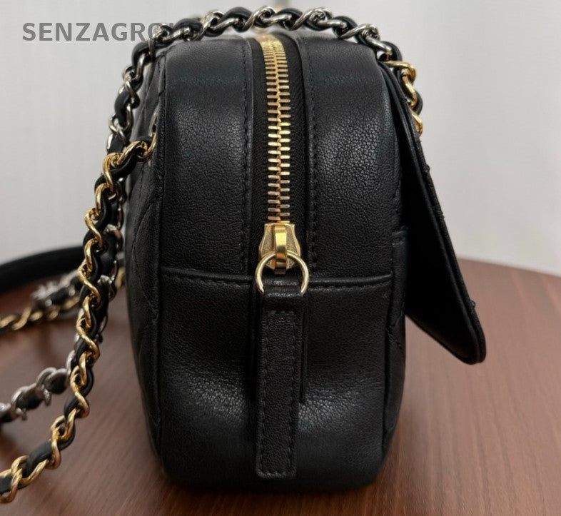 Chanel Diamond PM Calfskin Camera Chain Shoulder Bag Black Gold Women Classic