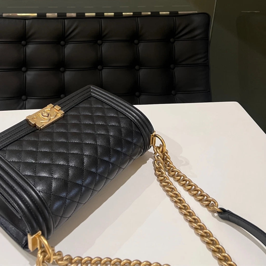 Authentic CHANEL Le Boy Medium Shoulder Bag Black with Gold Hardware
