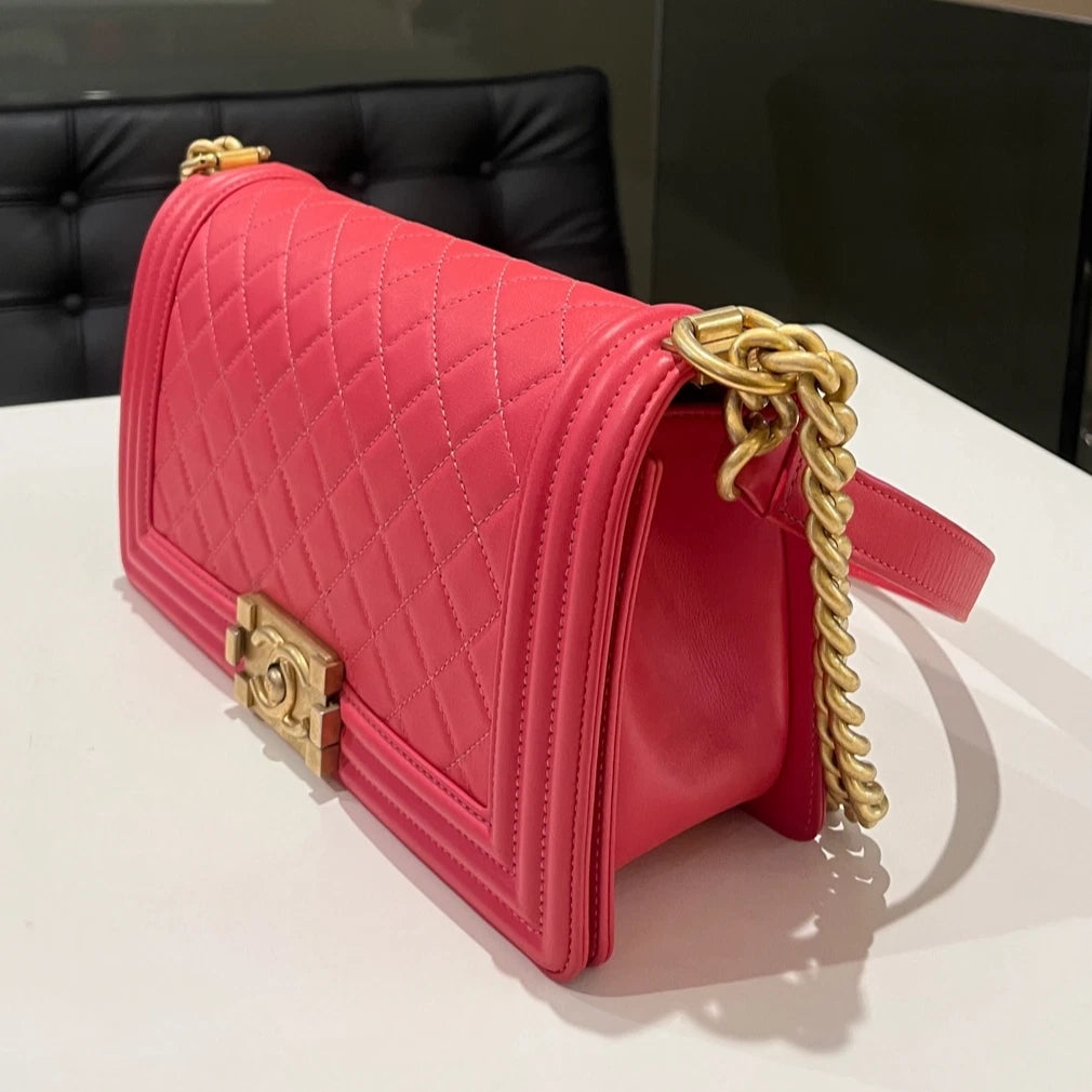 Chanel Le Boy Medium Chain Shoulder Bag Pink Gold Classic Women's