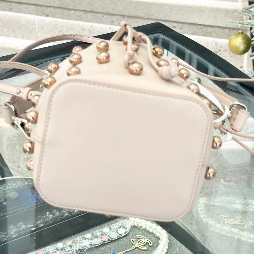 Fendi Calfskin PM Bucket Top Handle Shoulder Bag Pink Gold Pearls Women S