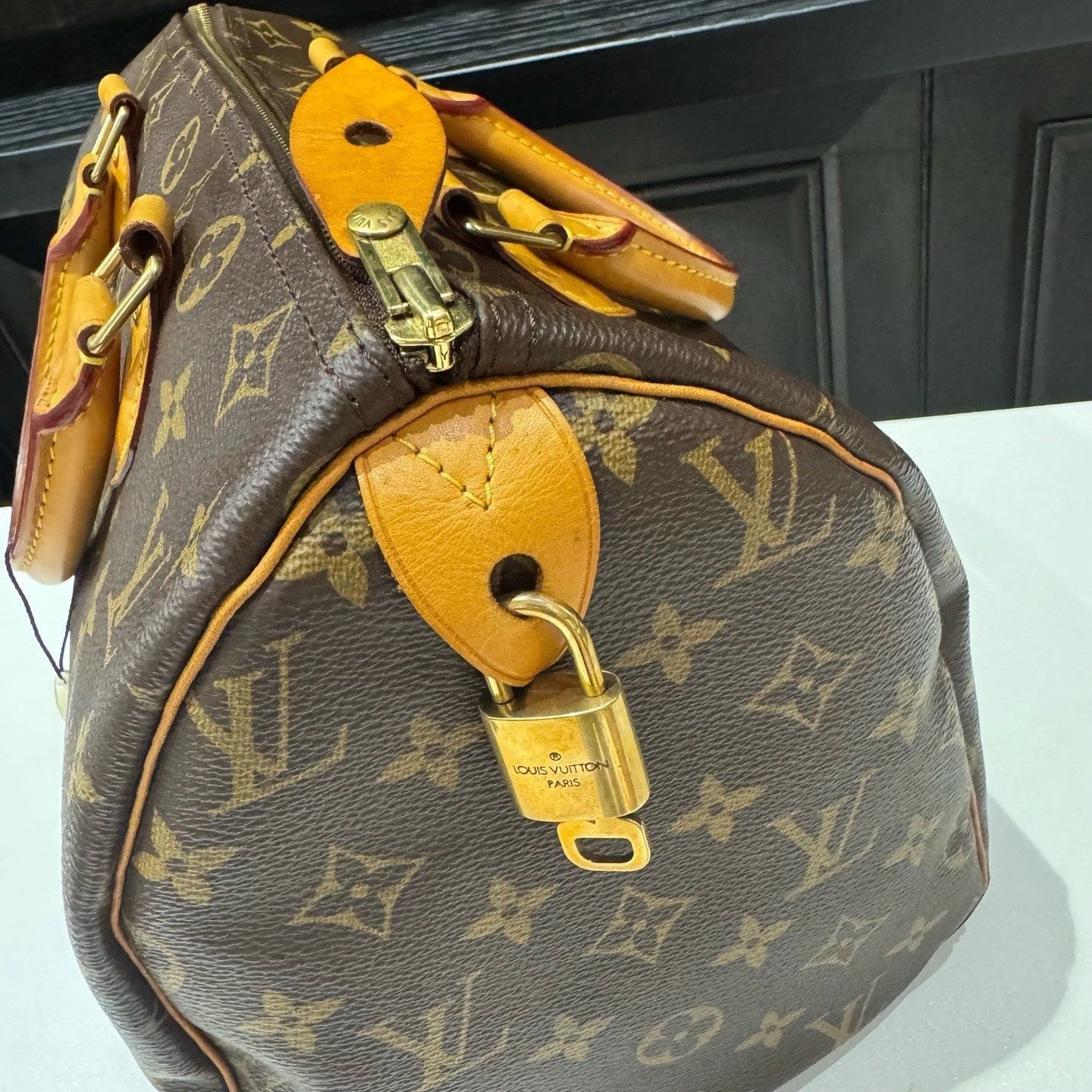 Louis Vuitton Speedy30 Monogram Canvas Top Handle Bag Brown Gold Women Classic