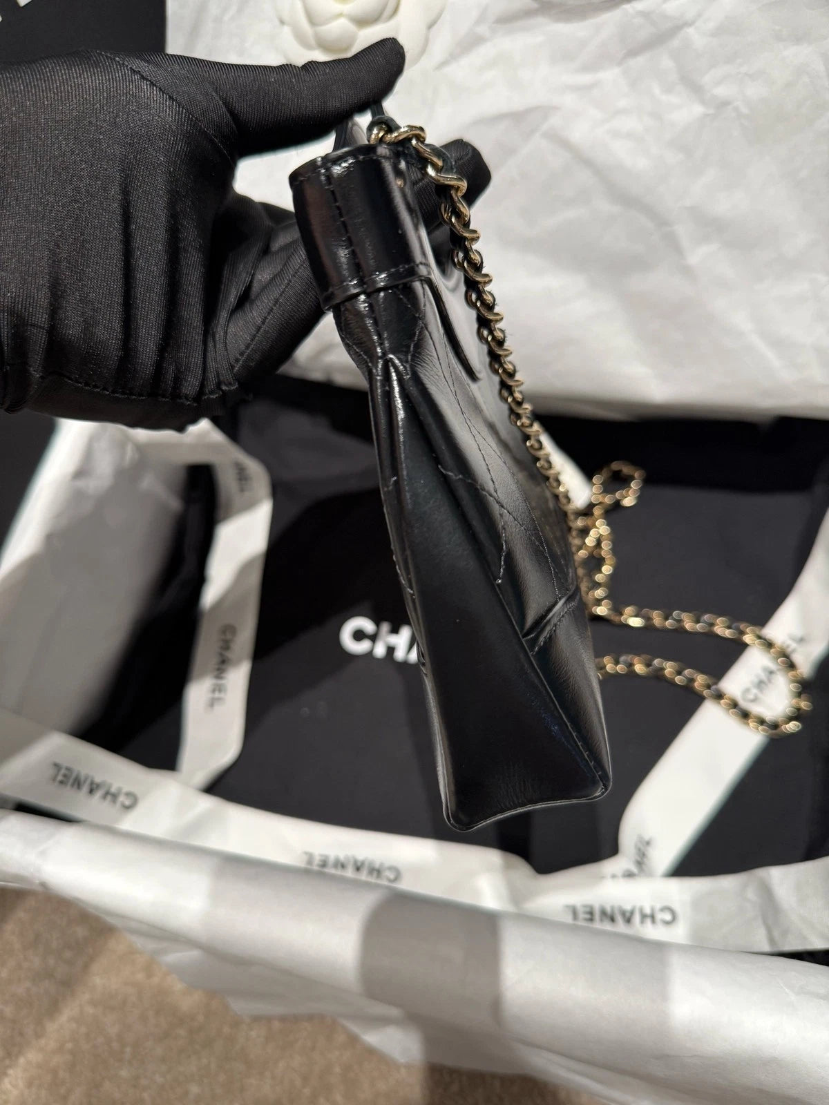 CHANEL Nano 31 Bag Black Gold Leather Tote Bag For Women