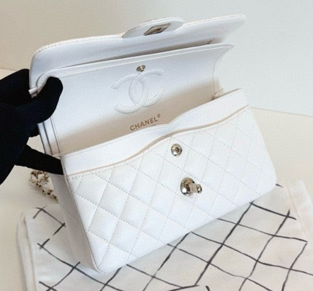 Chanel Classic Flap MM Calfskin Chain Shoulder Bag White Gold Women Fashion
