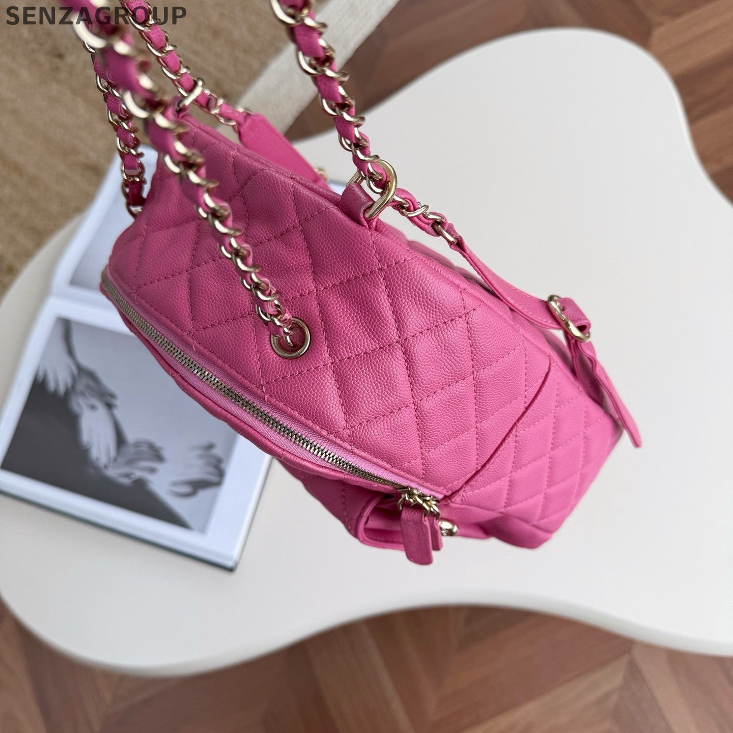 Chanel Diamond Chain Backpack Pink Gold Classic Fashion Women