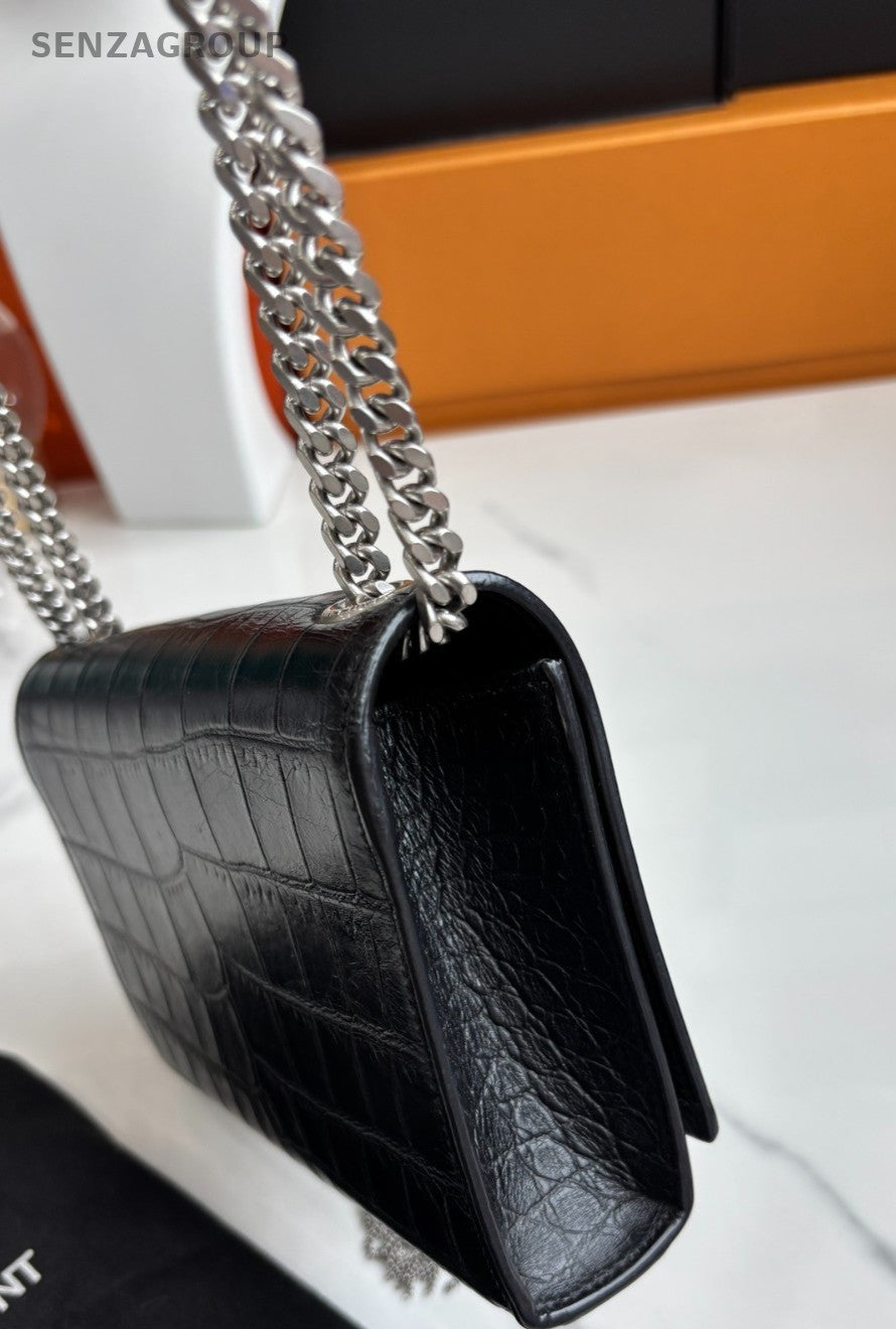 YSL Saint Lauren Kate Chain Shoulder Crossbody Bag Black Silver Classic