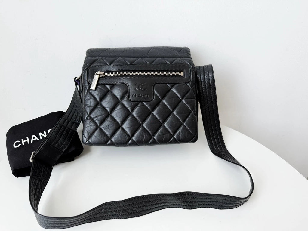 Chanel Coco Lambskin Black Silver Hardware Diamond Messenger Bag Crossbody