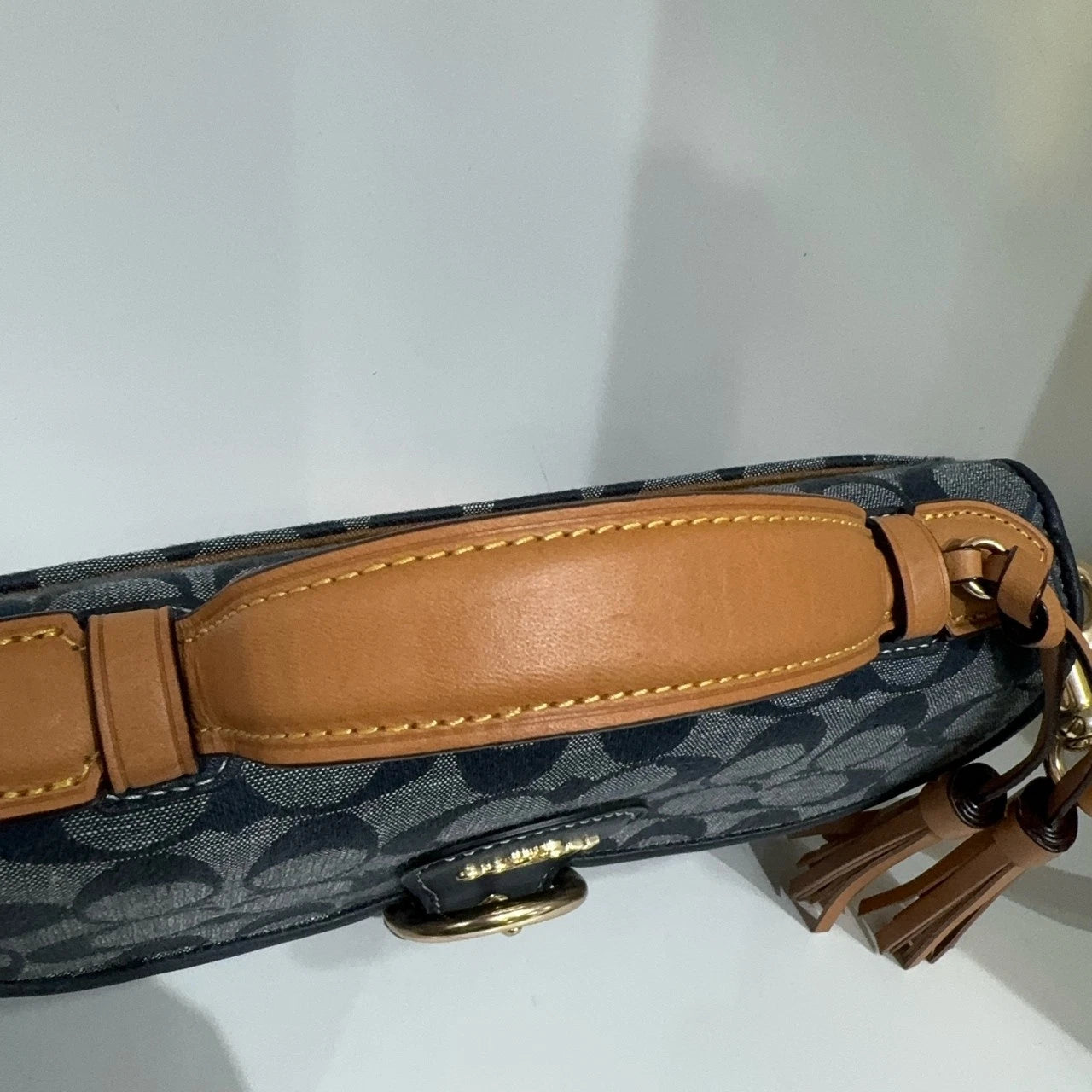 Coach Women's Denim Blue Logo Print Flap Shoulder Crossbody Handbag Medium