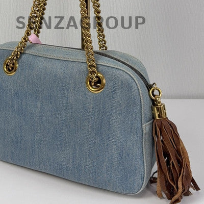 Gucci Soho Fringe Tote Bag Denim Blue Gold Women Shoulder Bag