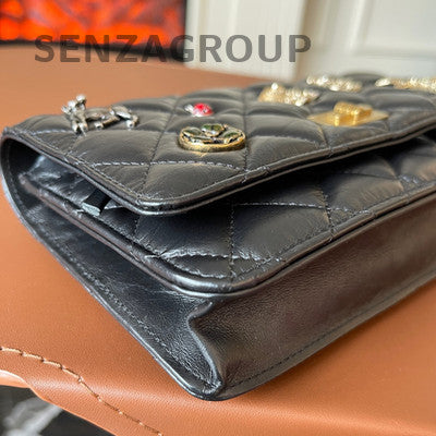 Chanel Black Gold Badge Shoulder Crossbody Bag Small Calfskin Unisex