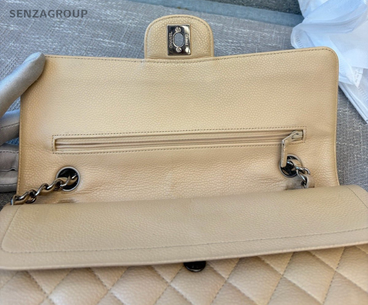 Chanel Classic Flap MM Chain Shoulder Bag Crossbody Beige Gold Women Diamond